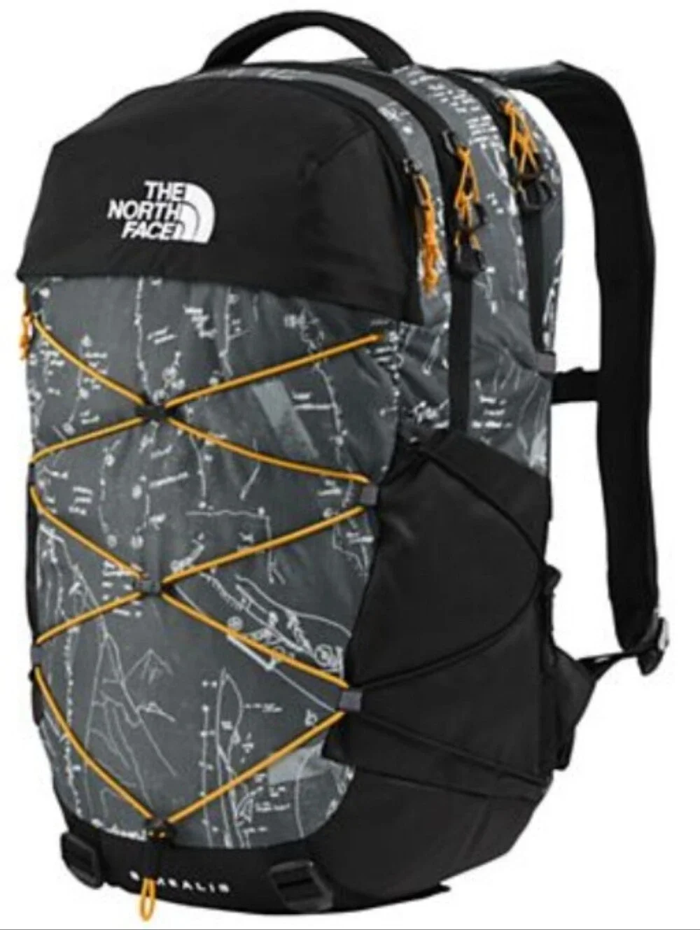 The North Face Borealis Anthracite Grey Backpack with Yellow Bungee Accents
